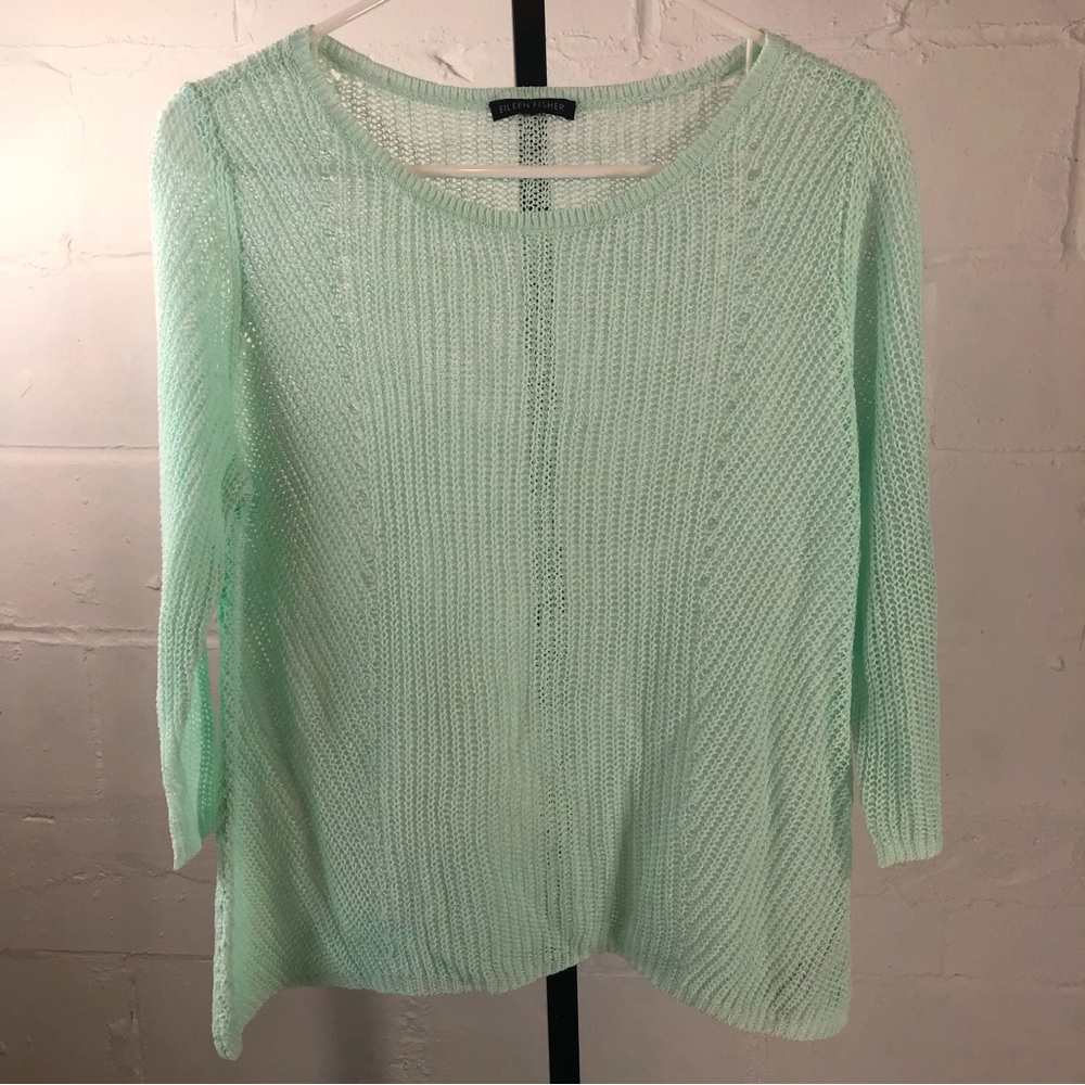 Eileen Fisher Knit Linen Sweater Mint Green 3/4 Sleeve